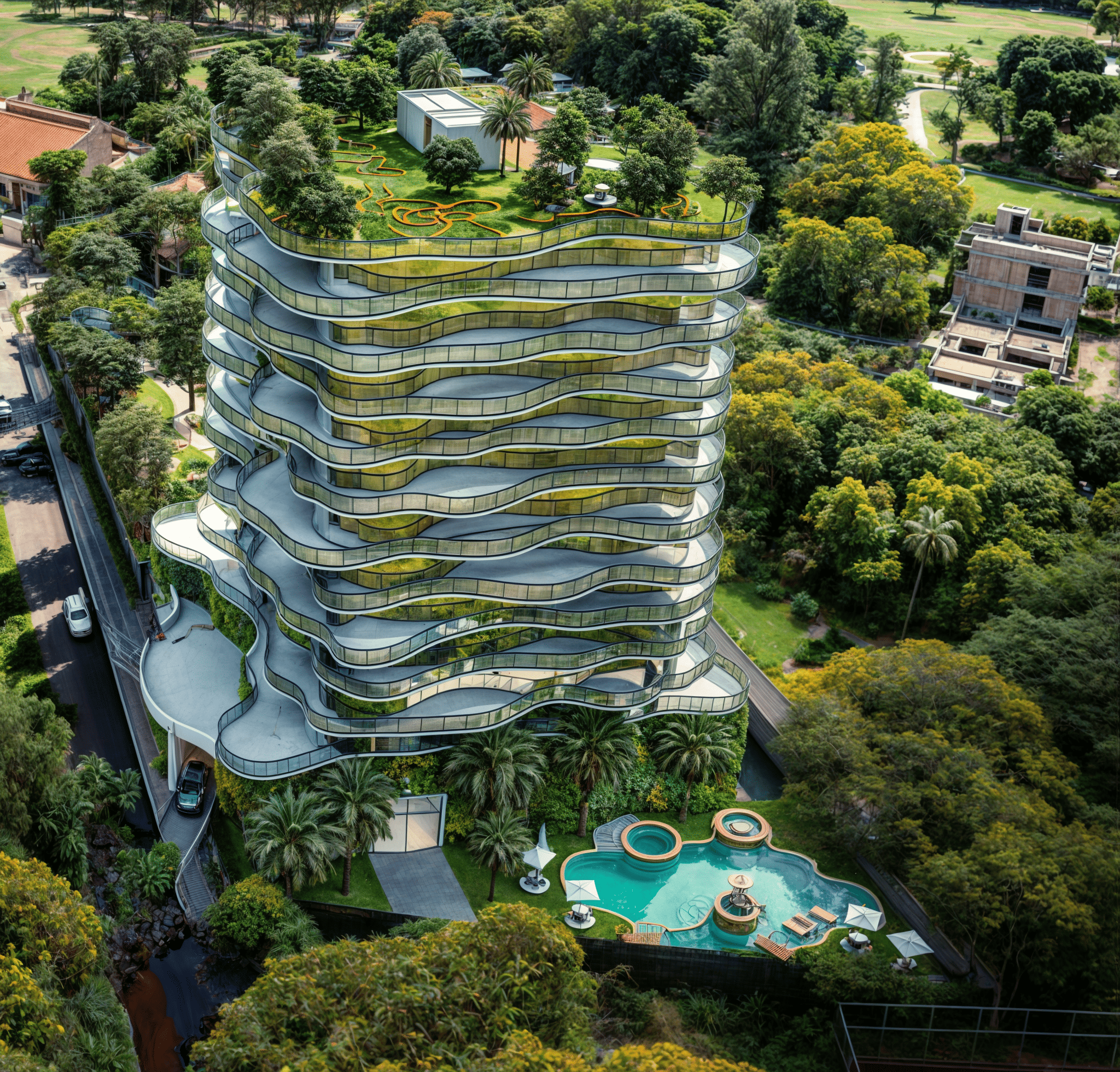 Vista aérea de Premier Yacht, con sus balcones curvos integrados al entorno